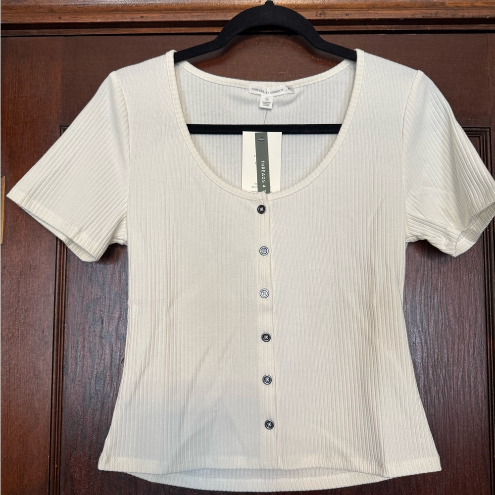 Threads 4 Thought Ivory Button-Up Ribbed Top - Med - Picture 3 of 5